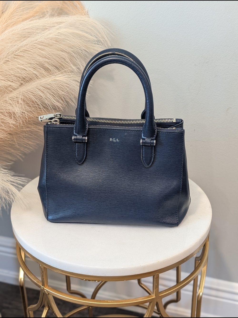 Vtg Ralph Lauren Navy Leather Top-Handle Mini Newbury Bag
